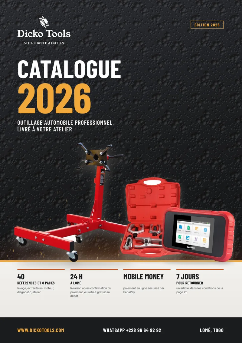 Couverture du catalogue Dicko Tools 2026 : support moteur, coffret d’extracteurs et valise de diagnostic