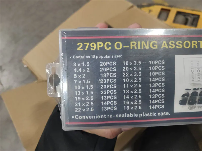 Assortiment de joints d’étanchéité noirs 279 pièces, étiquette du coffret